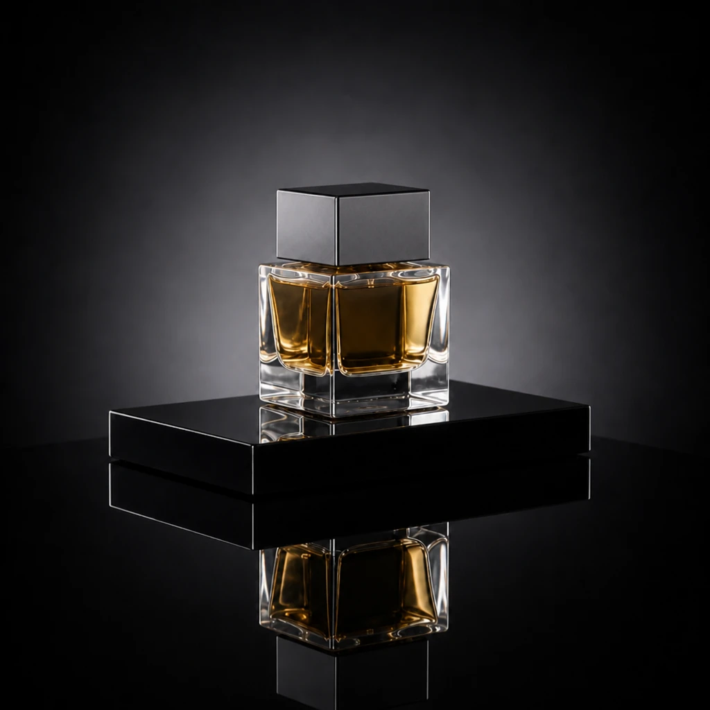 Bring a larger Gradient Panel closer so a smooth soft gradient washes the bottle face and repeats in the acrylic mirror Product bottle — Gradient Sweep variation of Acrylic Base Product Reflection.