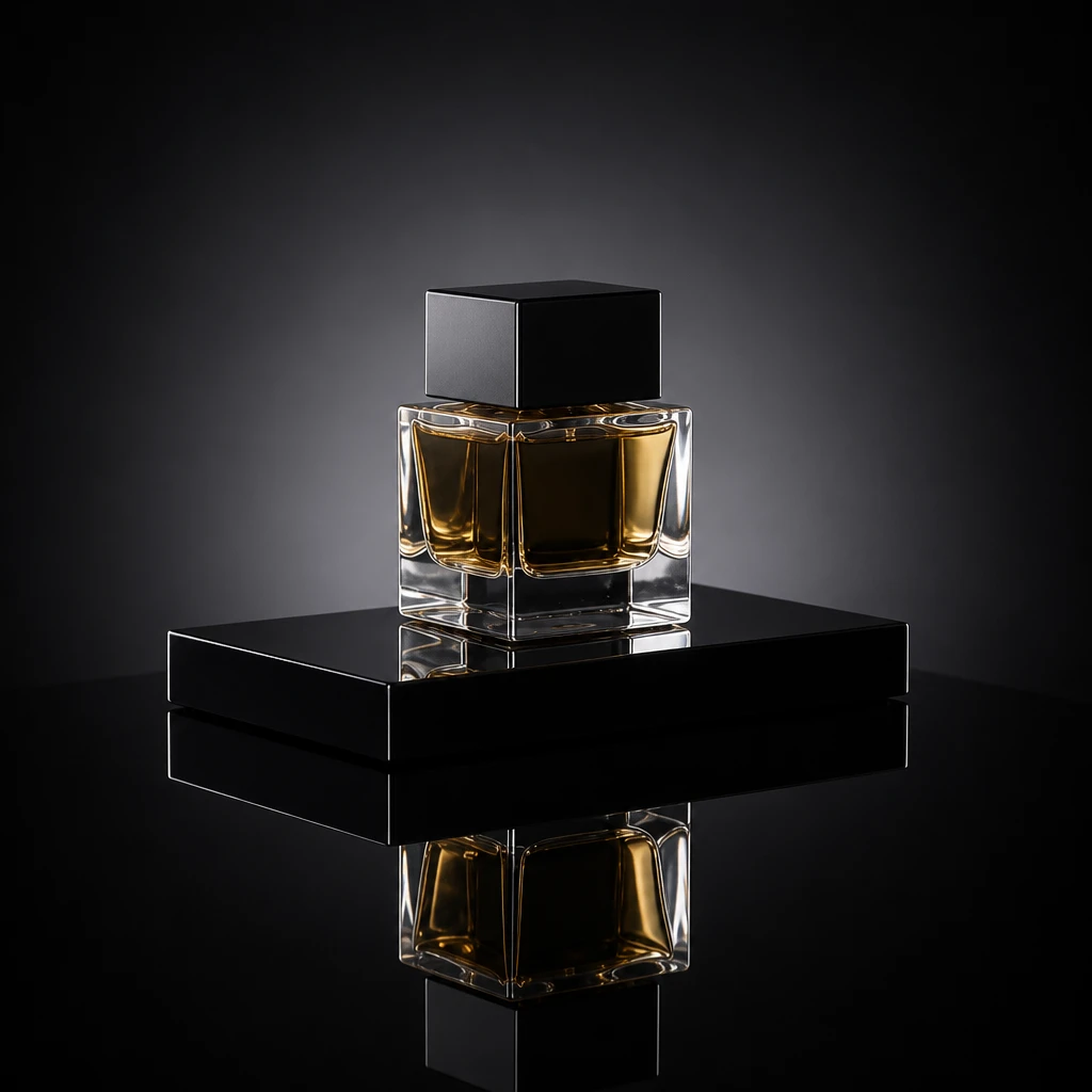 Clear rectangular perfume bottle of amber liquid with a matte black cap on a black gloss riser, bright highlights down both glass edges and a mirror reflection below.