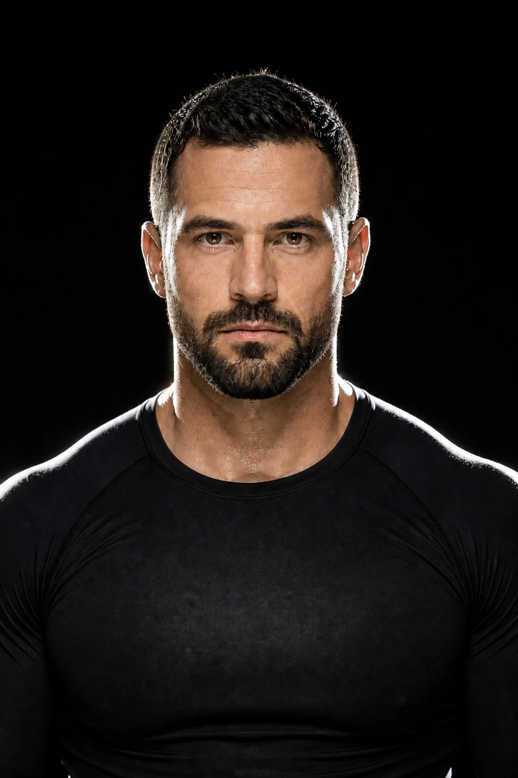 Introduce a low gridded front fill several stops down to reveal the face and eyes while keeping the rims dominant Bearded athlete in a black tee against black, hard white rims on both sides of head and shoulders with clearer frontal detail on the face.