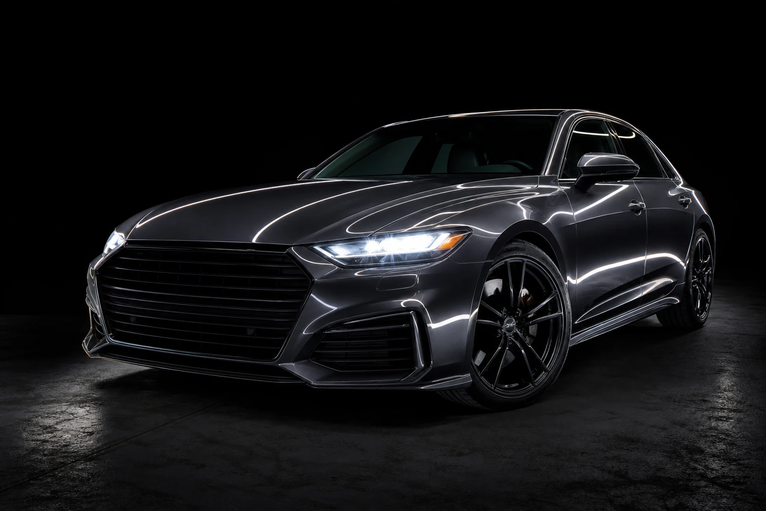 Dark grey sports sedan at a three-quarter front angle in a black studio, headlights on, long white highlight streaks brushed along the bonnet, roof and flanks.