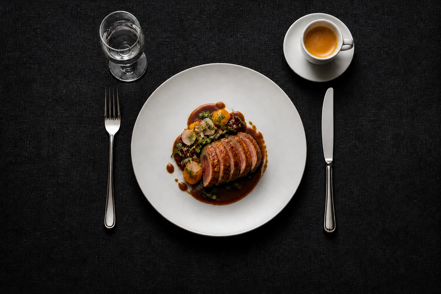 Fill card out — deeper shadows under cutlery and plate rim for a moodier fine-dining contrast while the overhead beauty… Plated dish — Deep Shadow Moody variation of Beauty Dish Overhead Food Flat Lay.