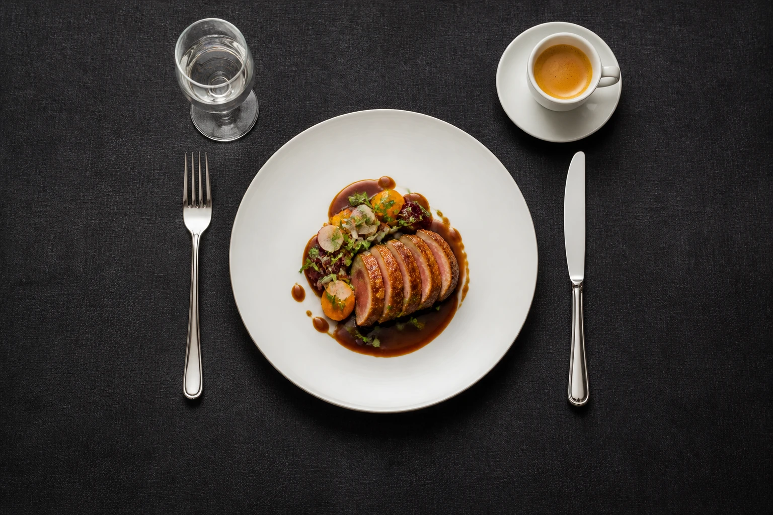 Overhead flat lay on charcoal linen: sliced duck breast in jus on a white plate, water glass, espresso cup, fork and knife, lit from the top of the frame.