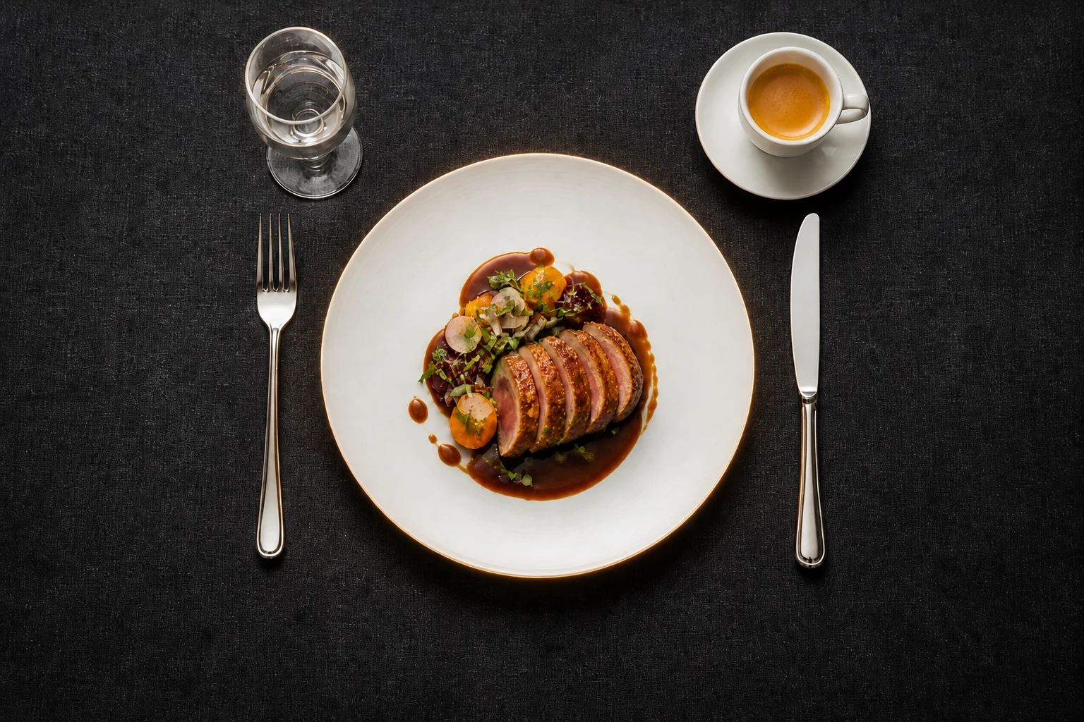 Plated dish — Rim Backlight Accent variation of Beauty Dish Overhead Food Flat Lay.