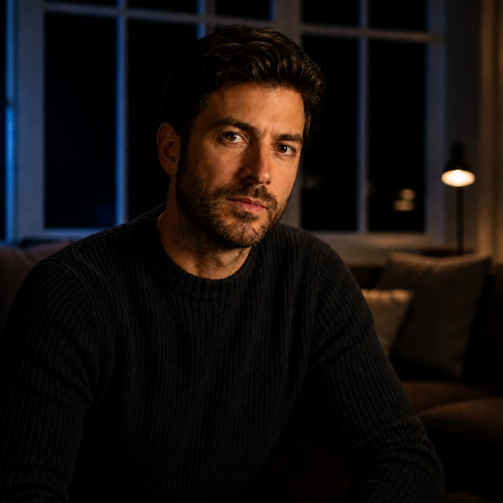 Add faint cool spill from off-frame window — subtle mixed Kelvin night mood Portrait subject — Cool Window Leak variation of Bi-Color Panel Night Interior Portrait.
