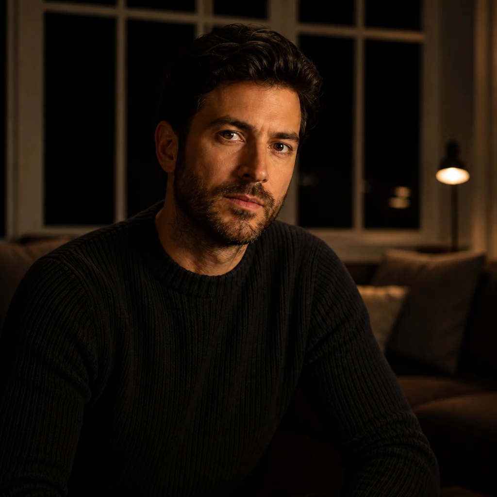 Portrait subject — Bi-Color Panel Night Interior Portrait lighting setup.