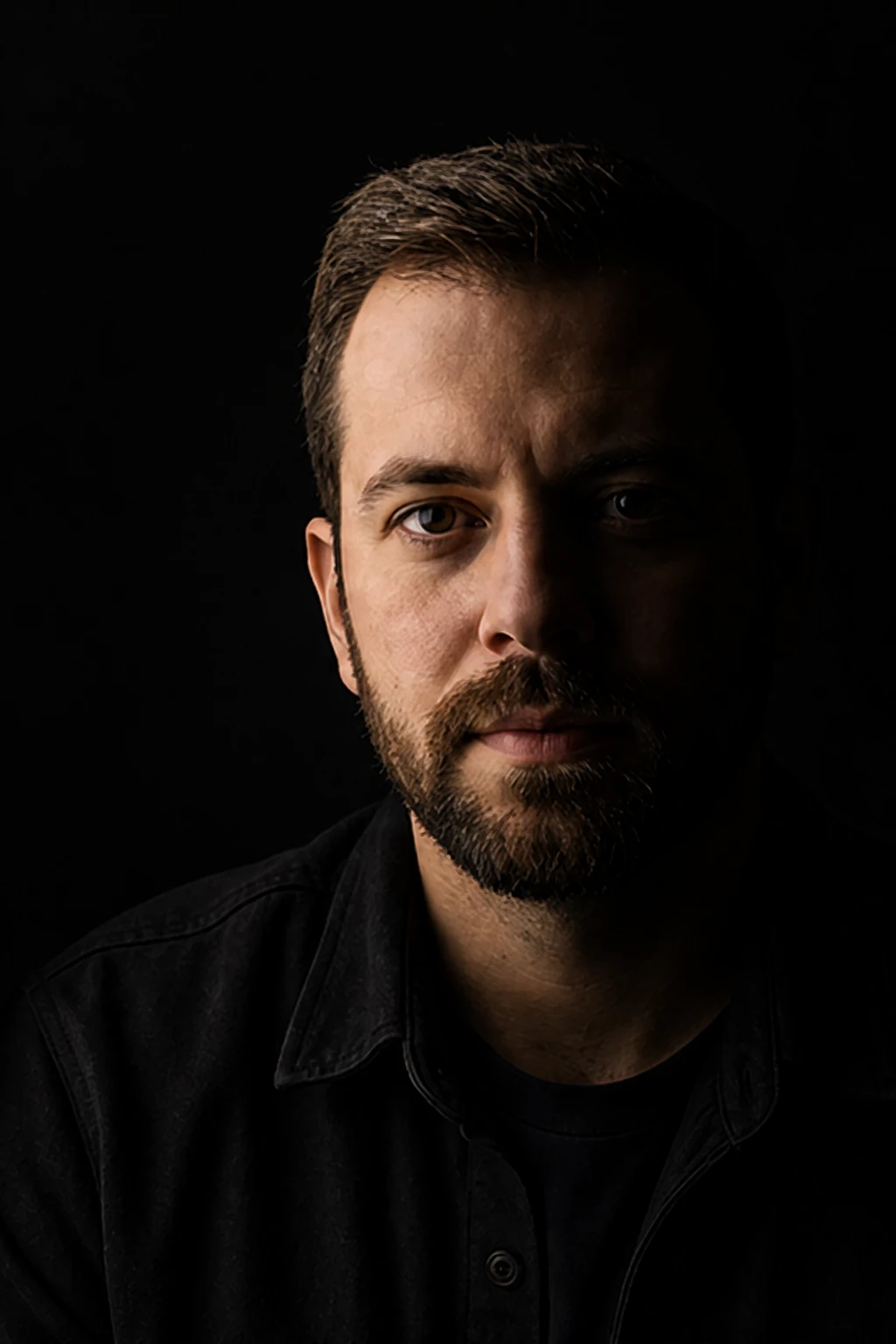 Move the flag closer and reduce fill so the face goes more sculptural and the background drops darker Portrait subject — Close Flag Drama variation of Black Flag Portrait Control.