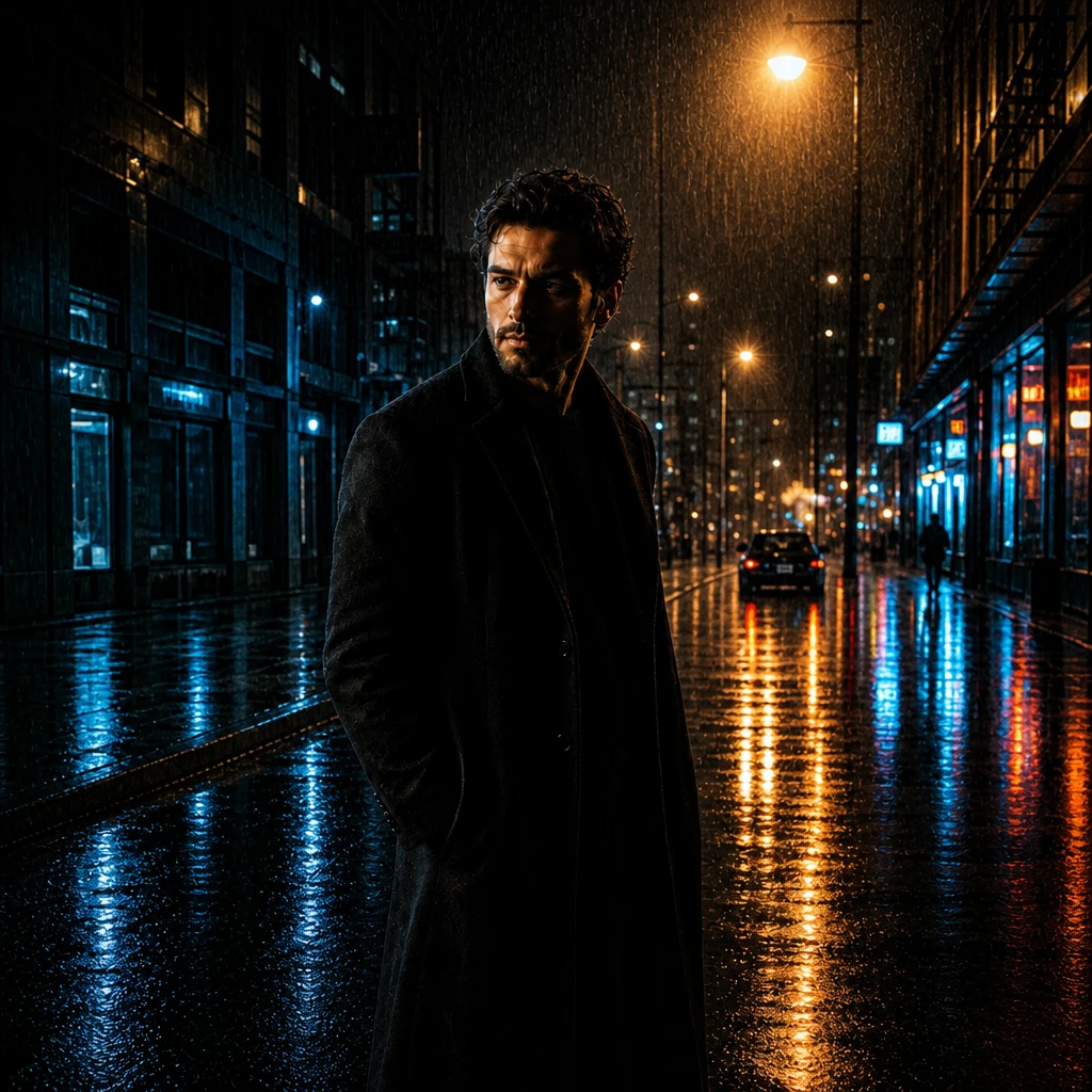Wet the ground so the practical and key smear into reflections; instant noir-thriller production value Portrait subject — Rain & Reflection variation of Cinematic Outdoor Night.
