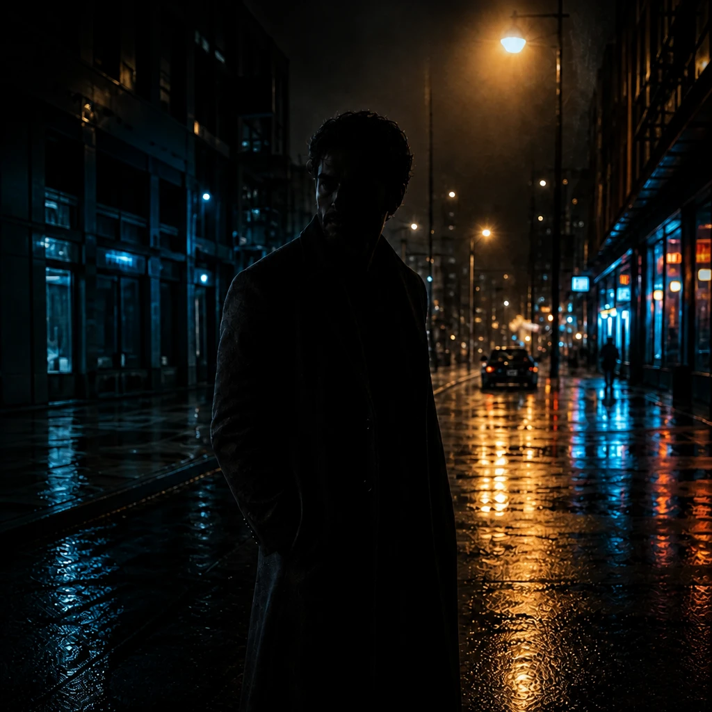 Kill the key and expose for the practical alone — the subject becomes a shape, all mood and no detail Portrait subject — Silhouette Tension variation of Cinematic Outdoor Night.