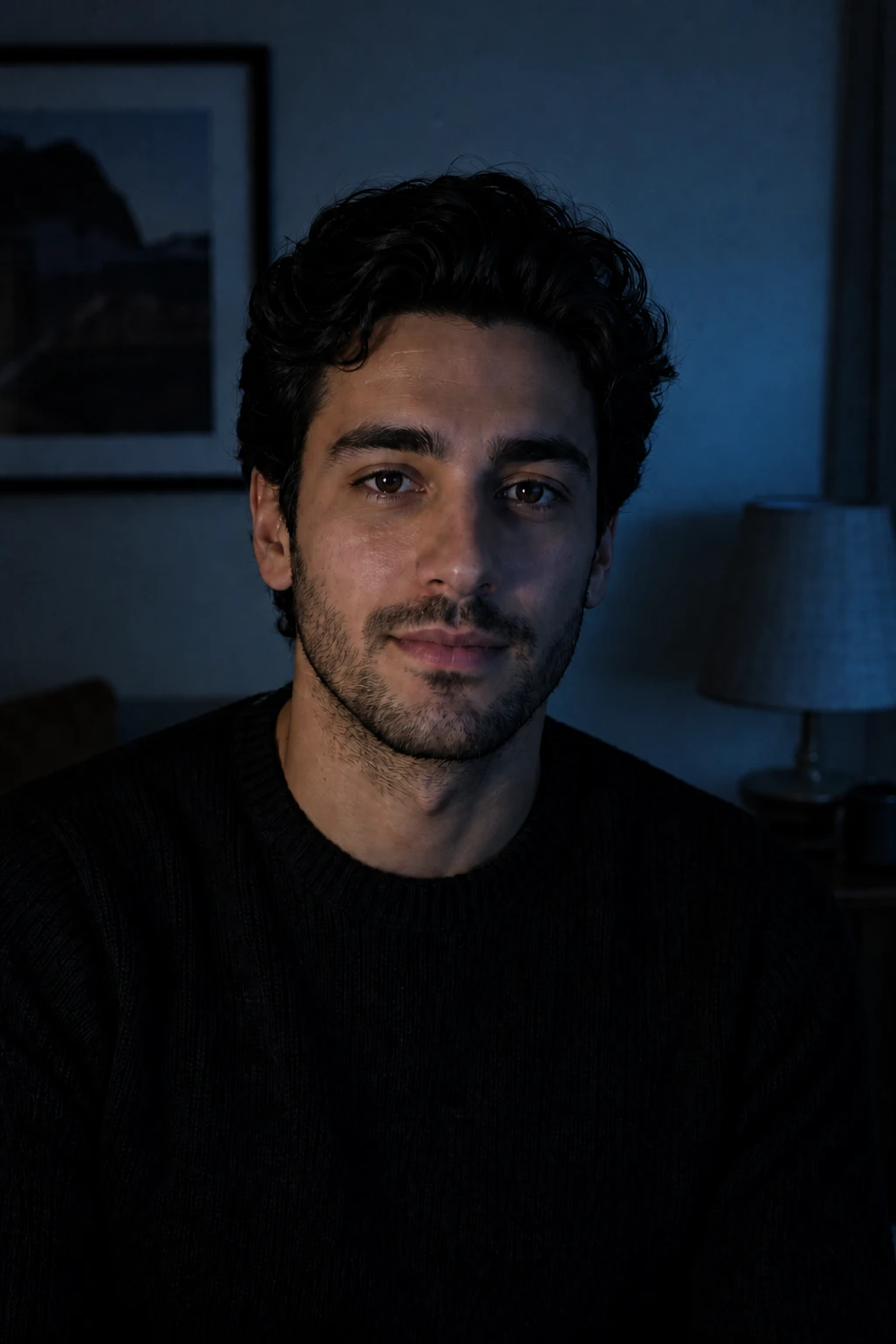 Swap the warm practical for a cool window key and let the room fall to blue shadow for a nighttime, moonlit narrative m… Portrait subject — Moonlight Window variation of Cinematic Practical Interior Portrait.