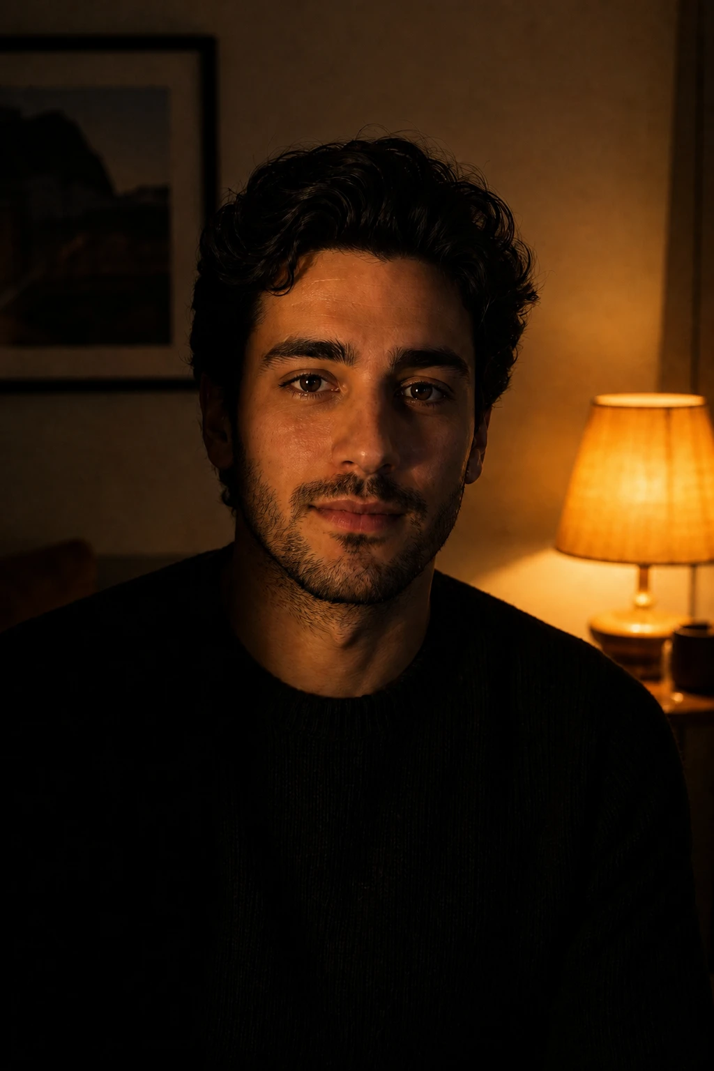 Portrait subject — Noir Contrast variation of Cinematic Practical Interior Portrait.