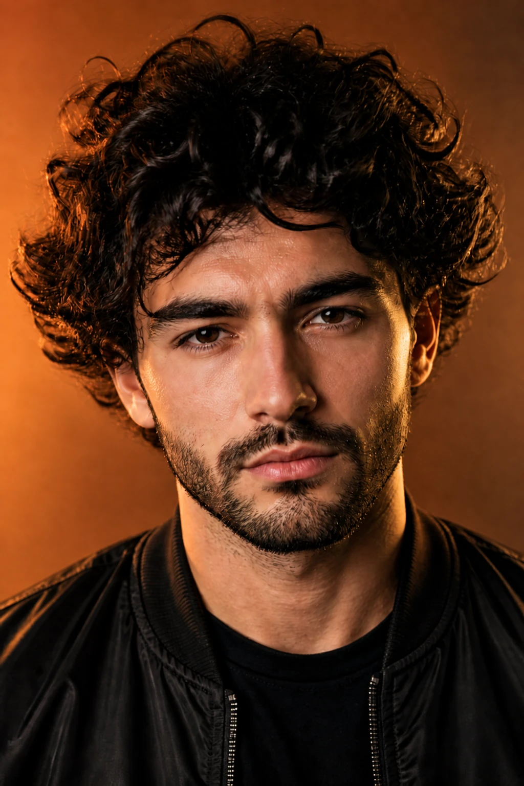 Re-gel the background pass warmer (CTO / red-orange) Curly-haired bearded man in a black bomber, warm key on the face and a bright orange glow along camera-left hair against a dark warm field.
