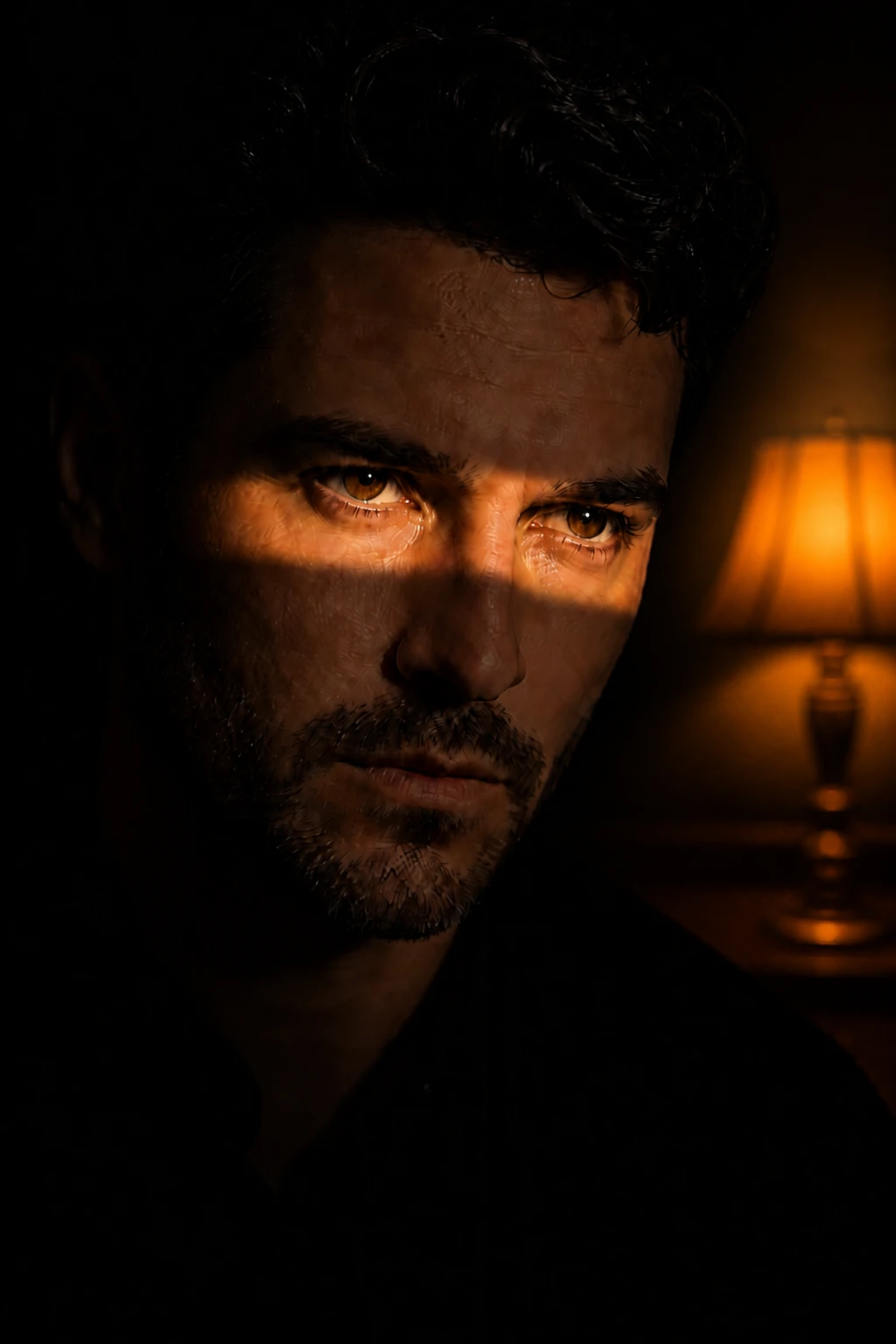 Add a warm background lamp so the hard slash feels motivated by an interior scene rather than a studio test Portrait subject — Practical Story variation of Cutter Slash Light Cinematic Face.