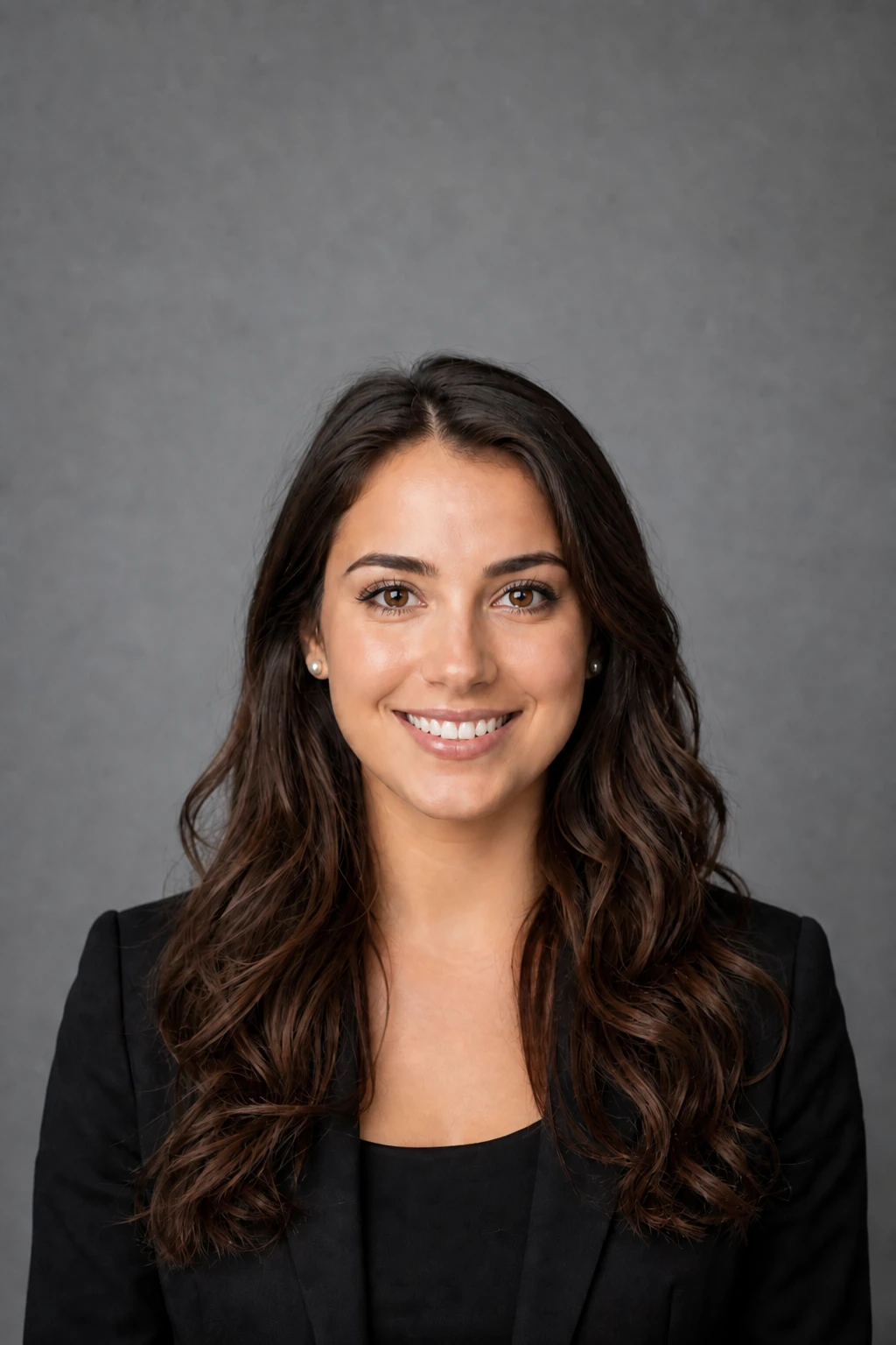 Add a white bounce under the chin to lift any neck shadow — it changes nothing about the on-axis look Smiling woman in a black blazer and pearl studs on a grey seamless, soft frontal light across the face with only a faint shadow under the chin.