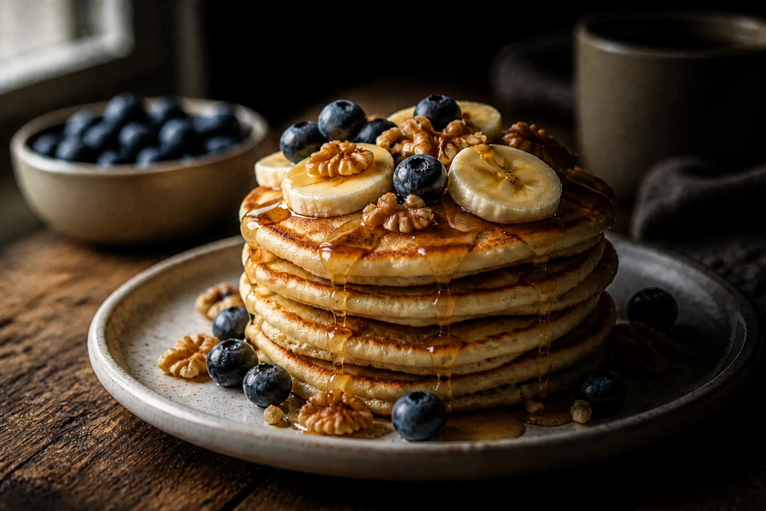 Pull the bounce, add a black flag opposite the window, and underexpose slightly for a rich, restaurant-editorial mood Stack of pancakes — Moody Dark variation of Food Window Daylight.