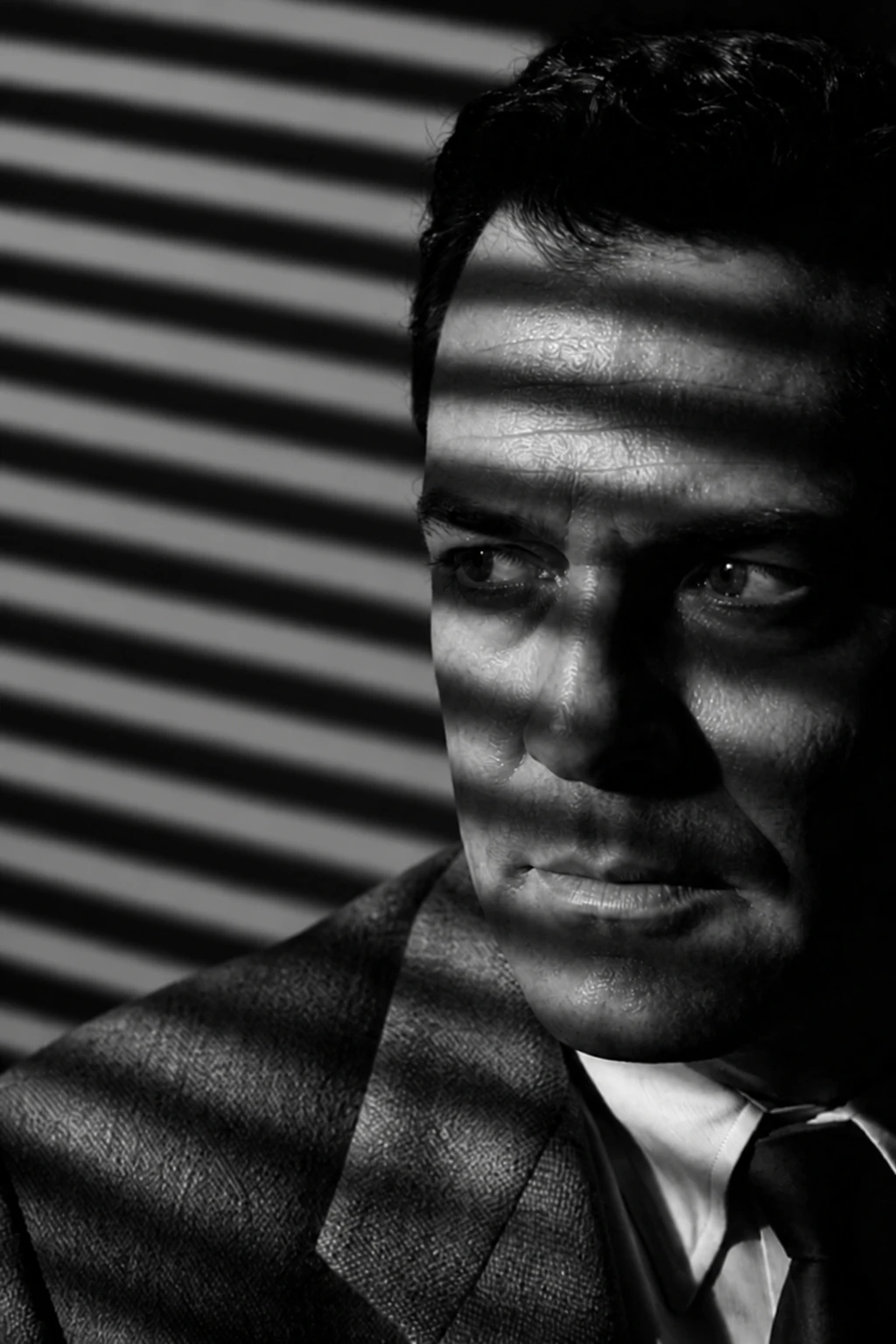 Widen the beam so bars cover the face and wall for classic detective-window noir Portrait subject — Full Blind Pattern variation of Fresnel Venetian Blinds Portrait.