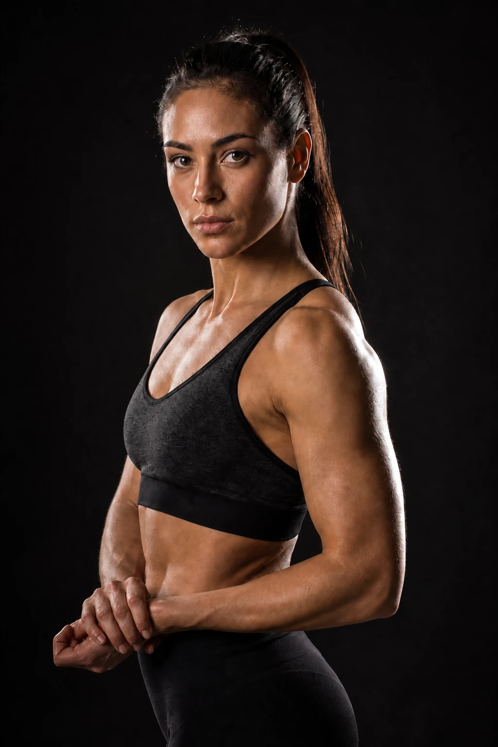 Bring strip rim up one stop for stronger shoulder separation from black Athletic woman in a grey sports bra against black, soft frontal key with bright white rims tracing both sides of her ponytail and arms.