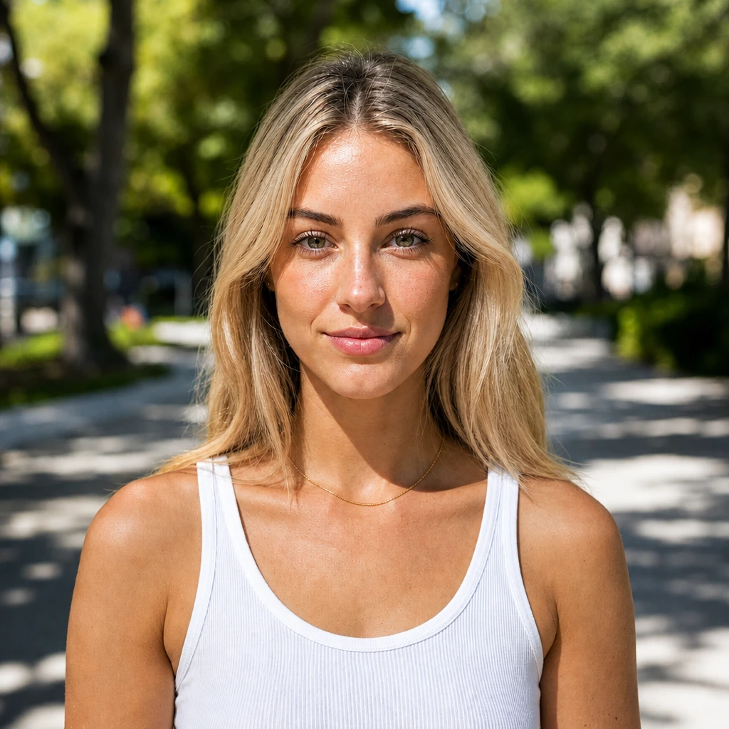 Remove the scrim to show harsh midday shadows and why diffusion matters Portrait subject — No Scrim Hard Sun variation of Handheld Scrim Sun Portrait.