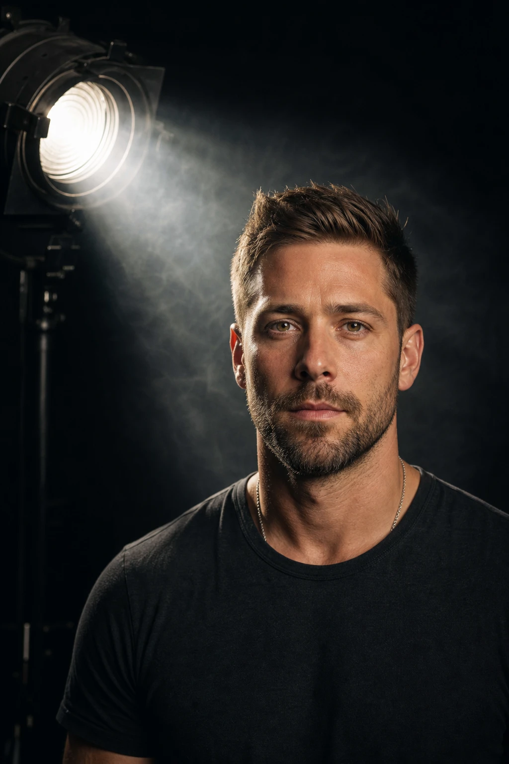 Portrait subject — Haze Volumetric Fresnel Beam Portrait lighting setup.