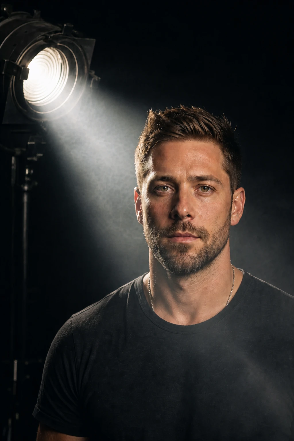 Swing the Fresnel a few degrees so the visible shaft rakes lower across the frame, changing where the beam crosses the… Portrait subject — Beam Angle Shift variation of Haze Volumetric Fresnel Beam Portrait.