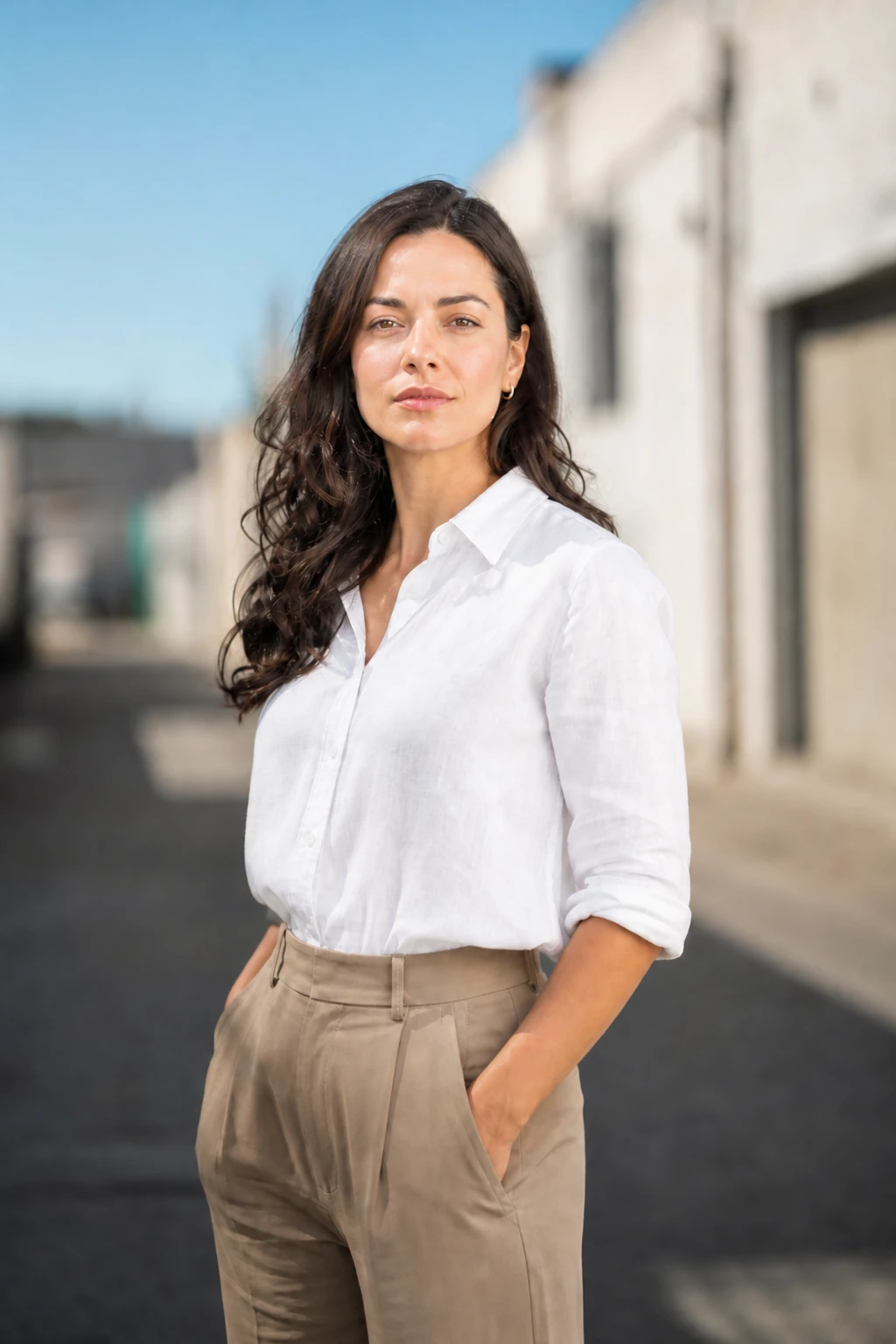 Raise flash power until the face is fully shaped and the background sun reads one stop under subject exposure Fashion model — Flash Dominant variation of HSS Daylight Wide-Aperture Fashion.