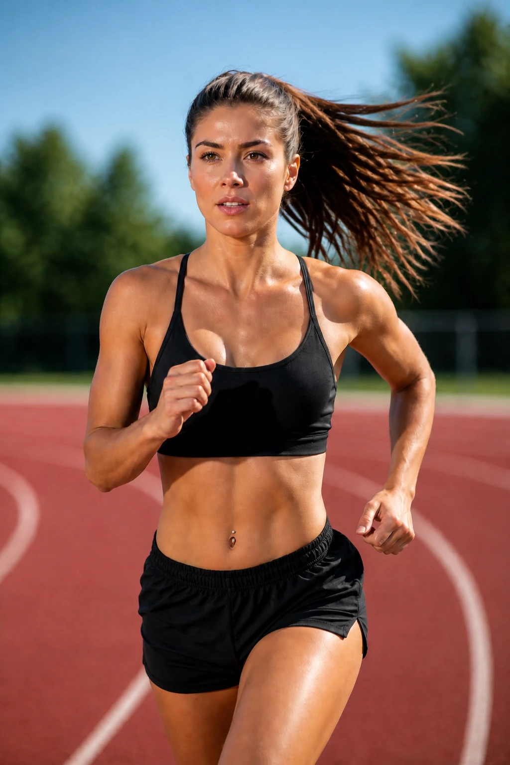 Push shutter to 1/4000s — every strand of flying ponytail frozen sharper mid-stride while sun and HSS balance hold Athlete — Freeze Faster variation of HSS Hard-Sun Action Portrait.