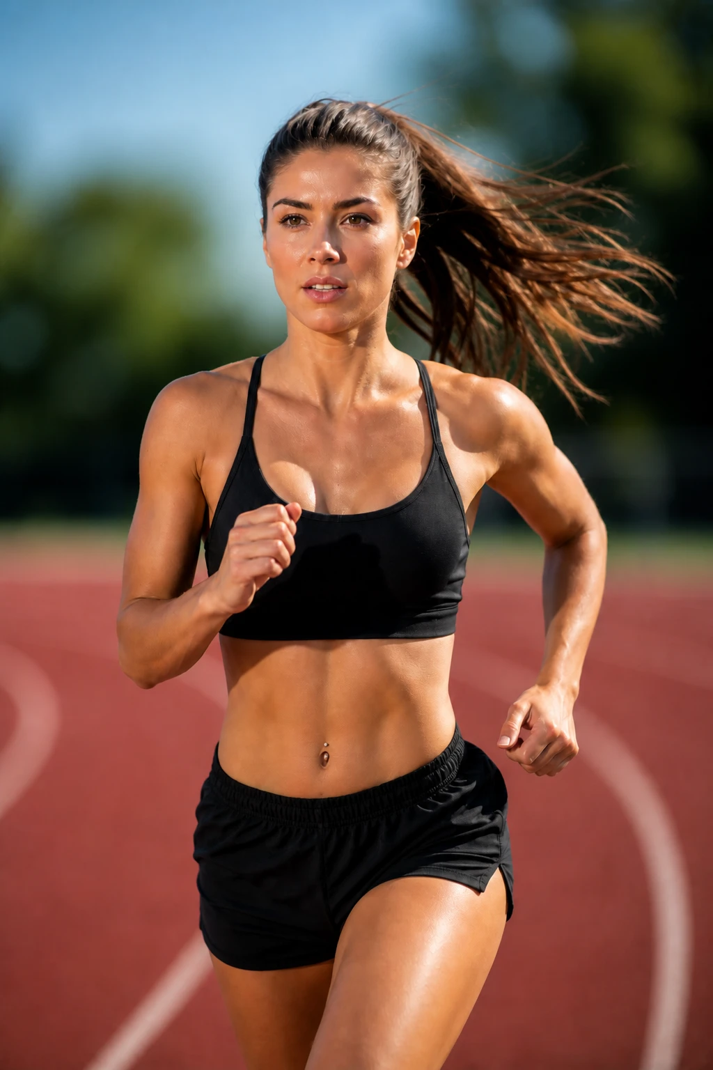 Open to f/1.8 so the track and trees melt further into bokeh; face exposure and sun/HSS mix hold Athlete — Deeper Background Melt variation of HSS Hard-Sun Action Portrait.