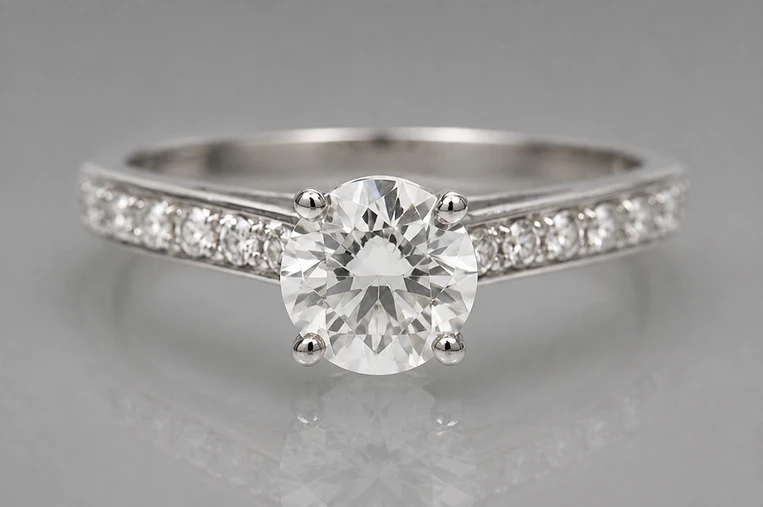 Swap to a neutral grey tent and mid-grey sweep — balanced commercial read between dramatic black and flat white high-key Diamond ring — Grey Wrap variation of Jewelry Macro Bounce Tent.