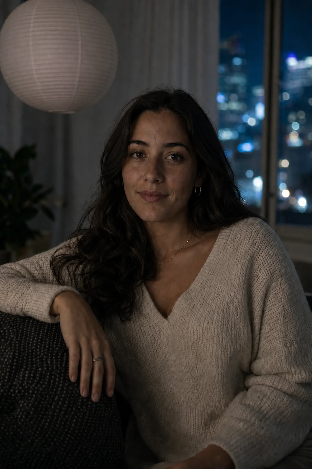 Kill the china-ball lantern — face falls into dim room and window ambient so you see what the overhead wrap was doing Portrait subject — Ambient Only variation of Lantern Overhead Living Room Portrait.