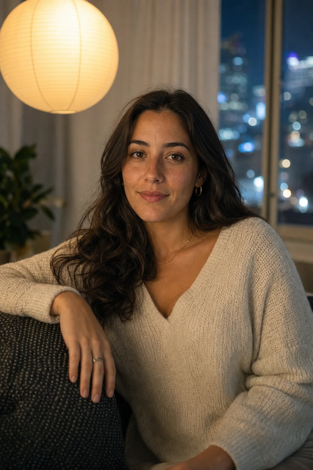 Portrait subject — Lantern Overhead Living Room Portrait lighting setup.