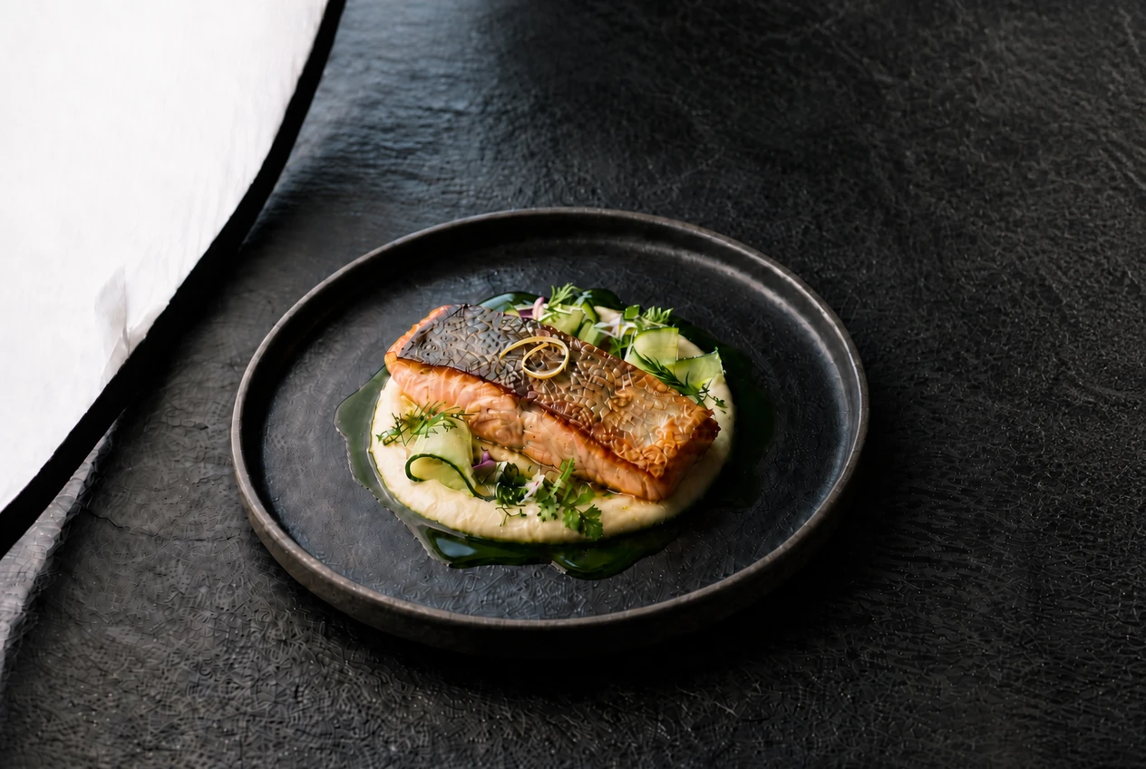 Plated dish — Large Scrim Food Table Daylight lighting setup.