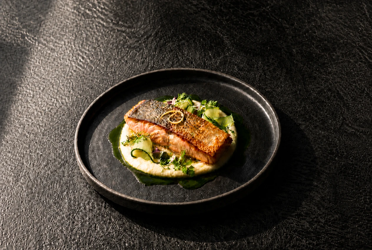 Remove the scrim and shoot direct hard sun — clipped glaze, harsh plate shadows, and an unappetizing contrast jump Plated dish — No Scrim Harsh Food variation of Large Scrim Food Table Daylight.