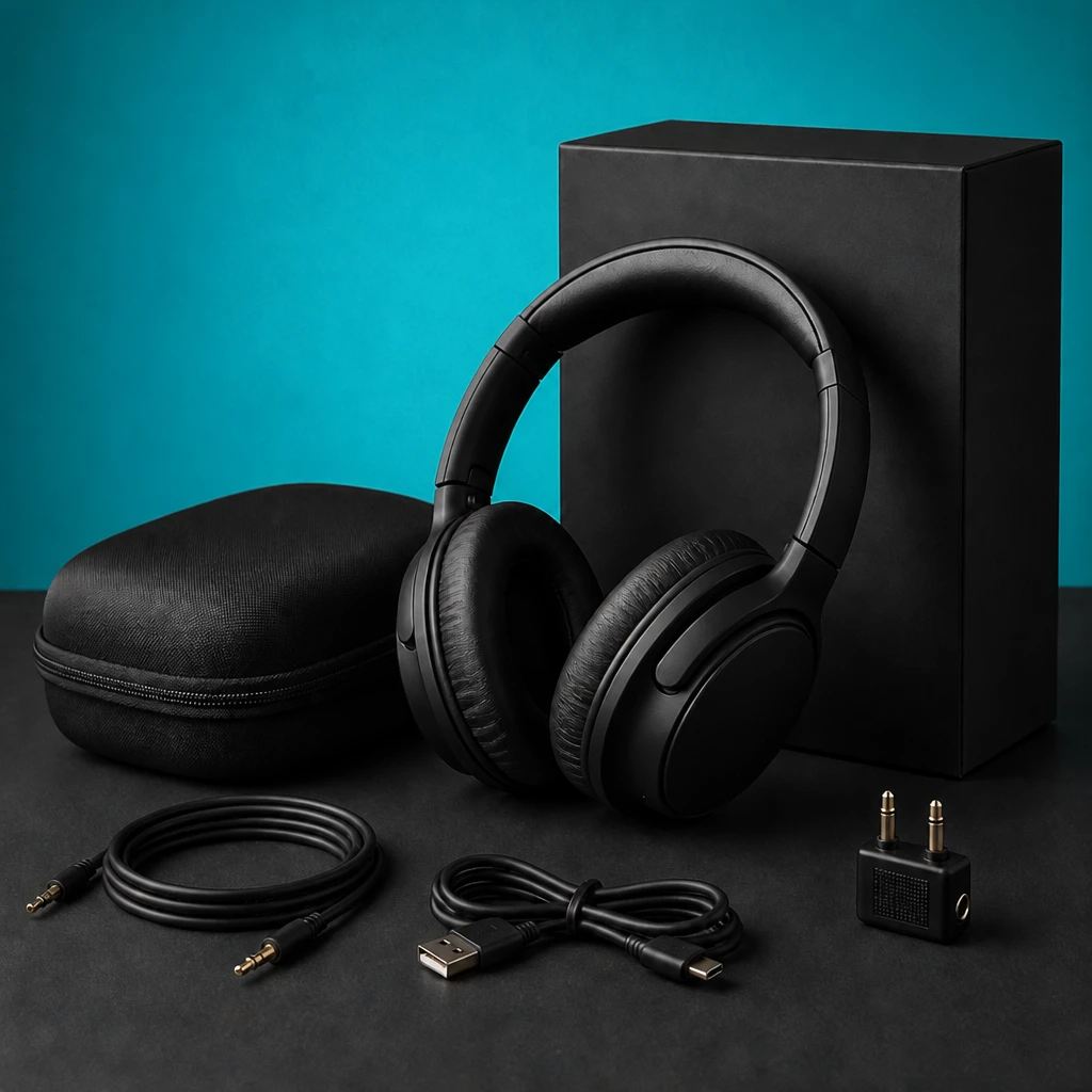 Gel the background spot to a brand color while keeping the product neutral for a punchier, campaign-style still life Headphones product set — Color Background variation of LED Panel Tabletop Product.