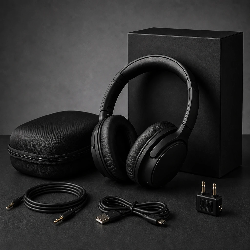 Lower the panel nearer to parallel with the surface for maximum texture and crisp directional edges on the product Headphones product set — Raking Texture variation of LED Panel Tabletop Product.