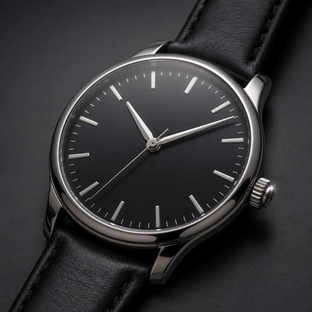 Macro of a steel wristwatch with a black dial and a leather strap on a dark surface; a broad soft highlight sweeps the bezel and one sharp star sits on the crown.