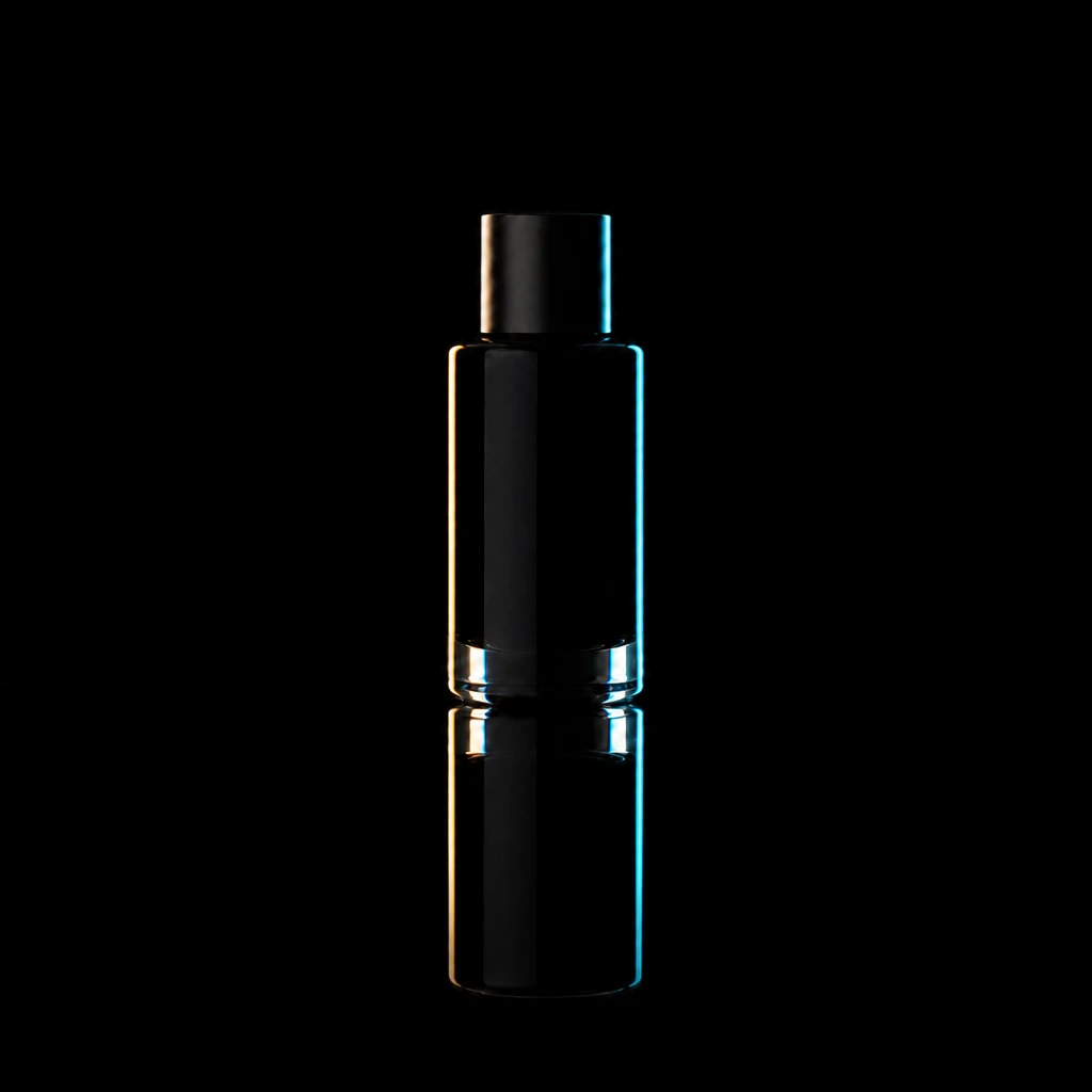 Warm left and cool right gels on the strip edges — label area stays neutral Product bottle — Color Rim Accent variation of Mirror Product Reflection Setup.