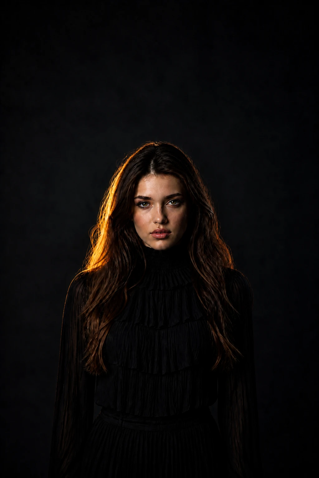 Teal Rim Camera-Right off — only the warm rim stays on the opposite edge Woman in a black ruffled blouse against black, warm amber rim along hair at frame-left with soft fill on her face.