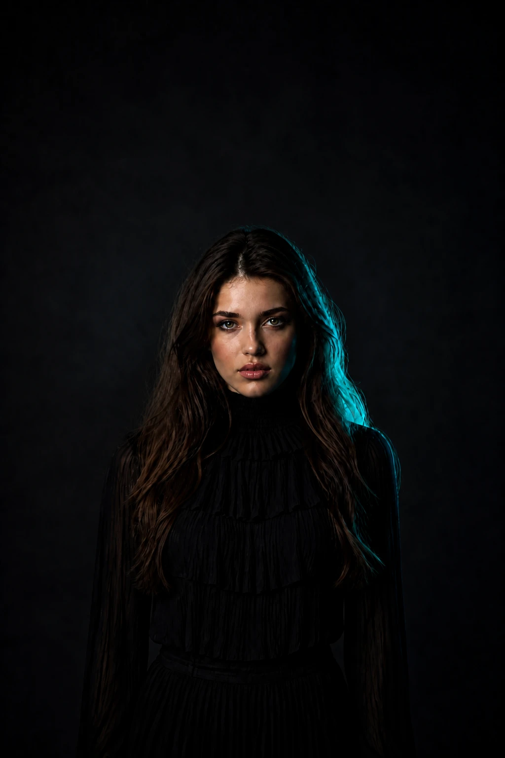 Warm Rim Camera-Left off — only the teal rim stays on the opposite edge Fashion model — Warm Rim Off variation of Opposing Gel Rim Fashion Portrait.
