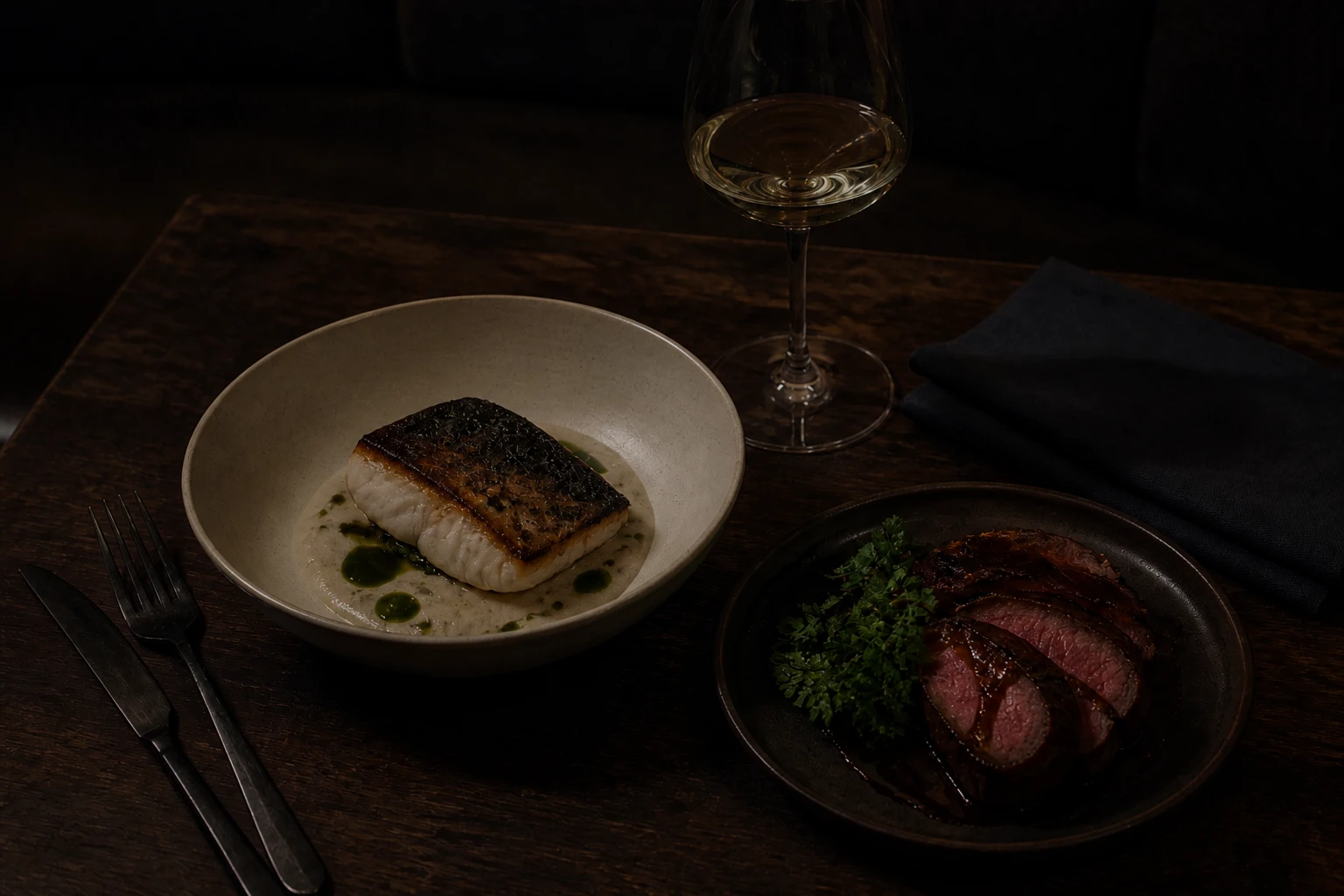 Plated dish — Ambient Only variation of Overhead Lantern Dining Food.