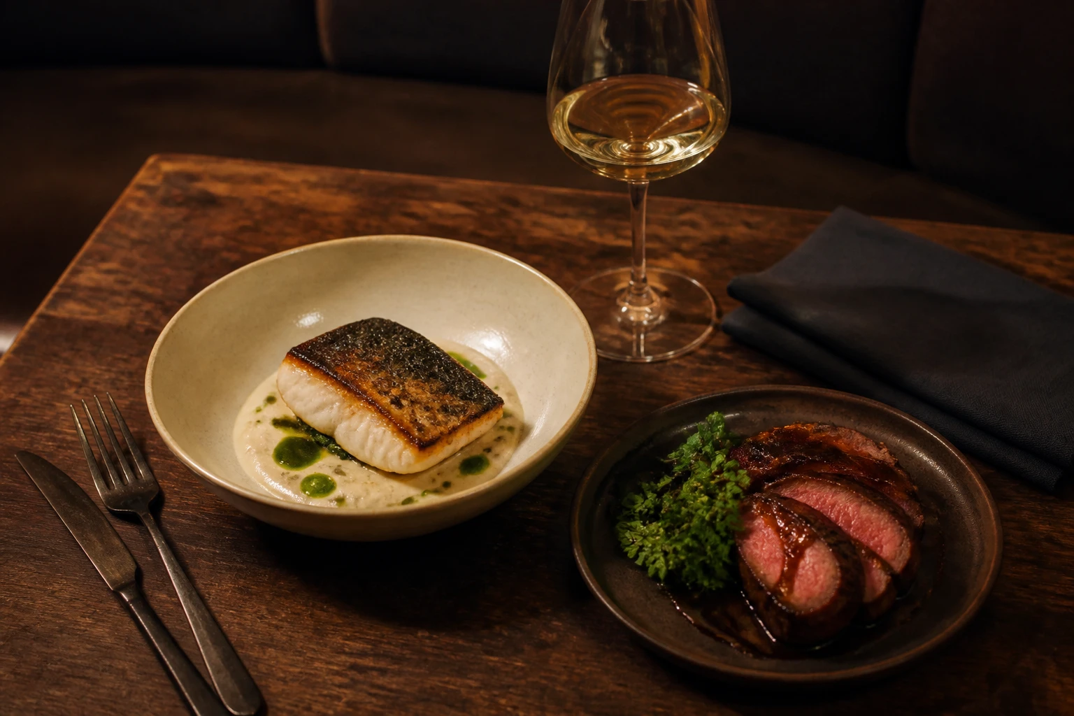 Plated dish — Overhead Lantern Dining Food lighting setup.
