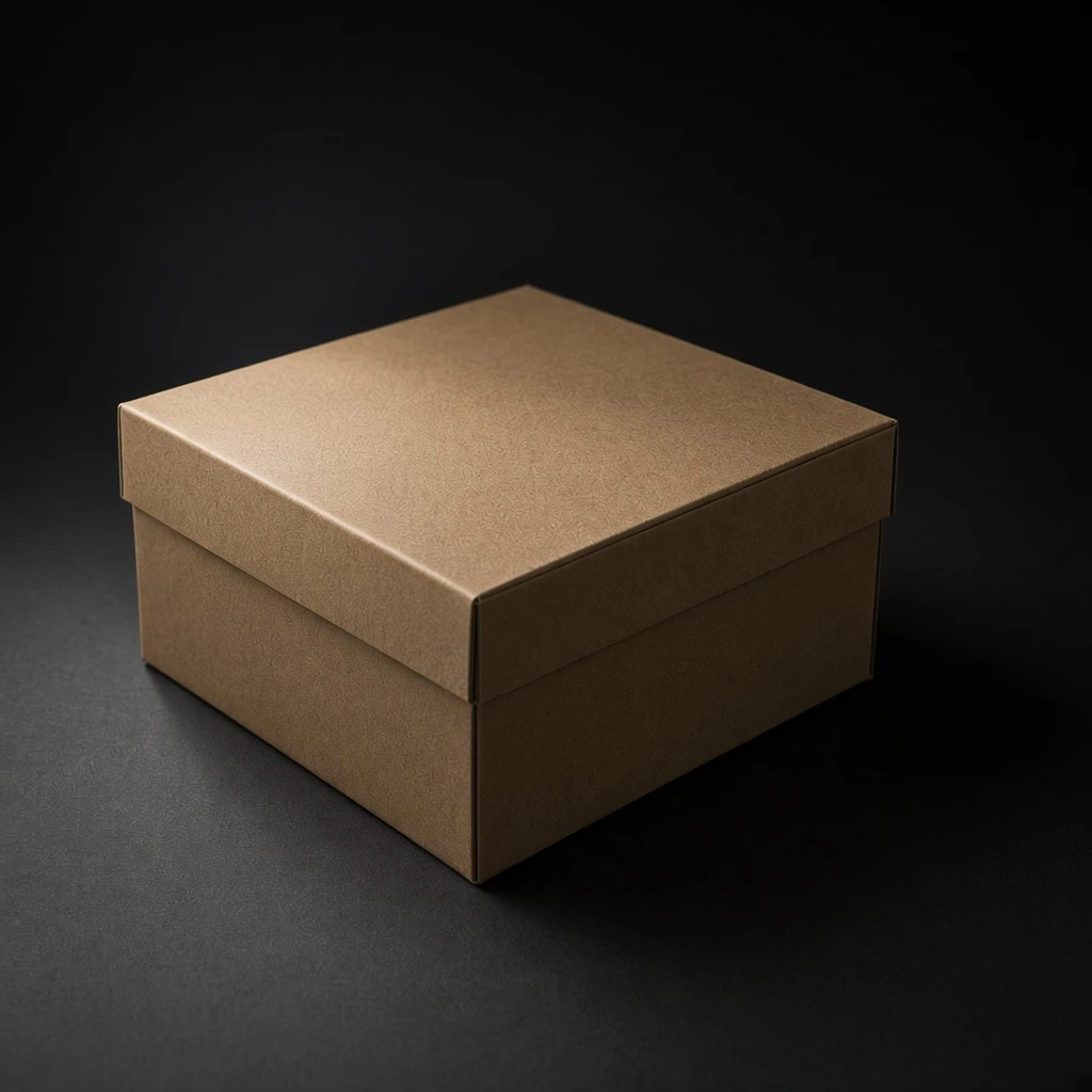 Same kraft gift box with the phone LED stepped back — weaker wash, flatter lid, less readable fibre.