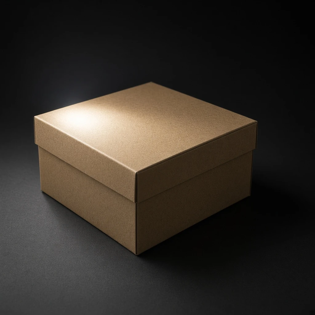 Square kraft cardboard gift box on a dark table, cool LED rake from camera-left lighting the fibre grain on the lid while the far edge falls into shadow.