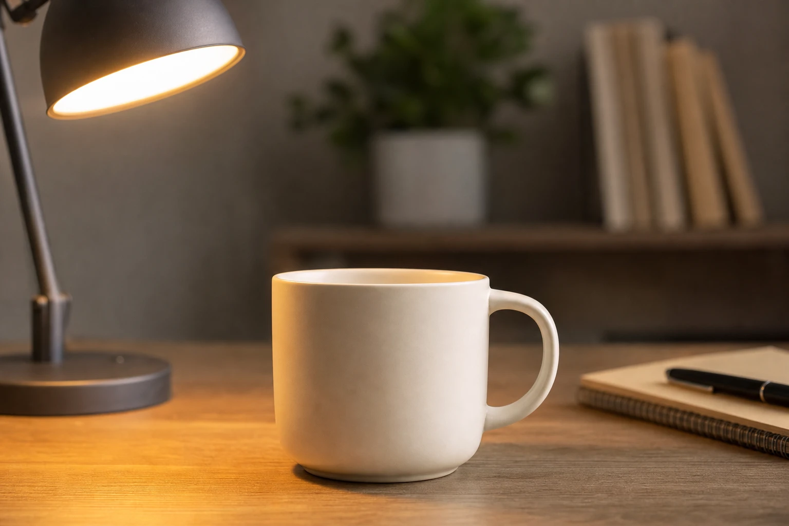 Ceramic mug on a desk — Practical Lamp Product Still Life lighting setup.
