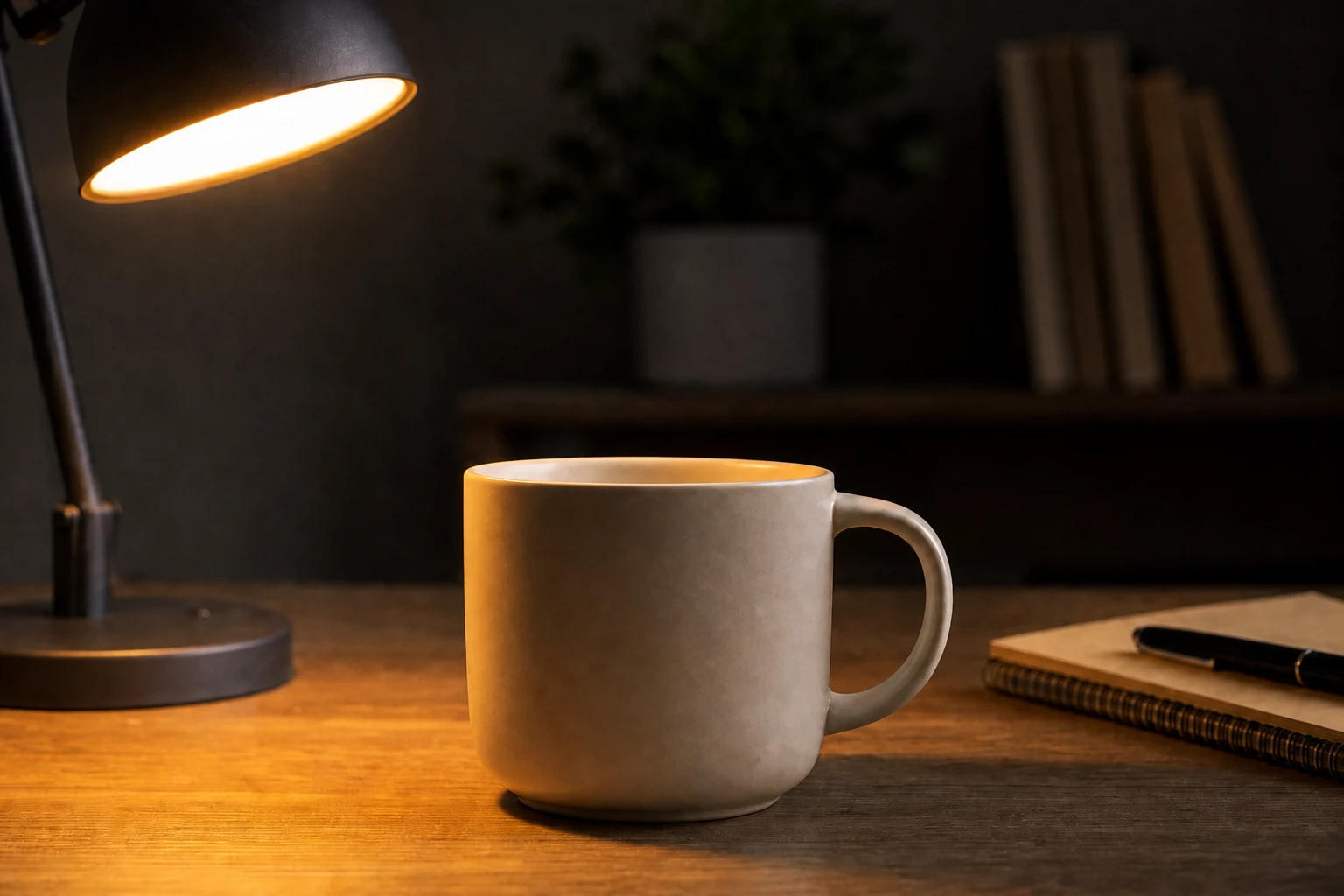 Ceramic mug on a desk — Lamp Only variation of Practical Lamp Product Still Life.