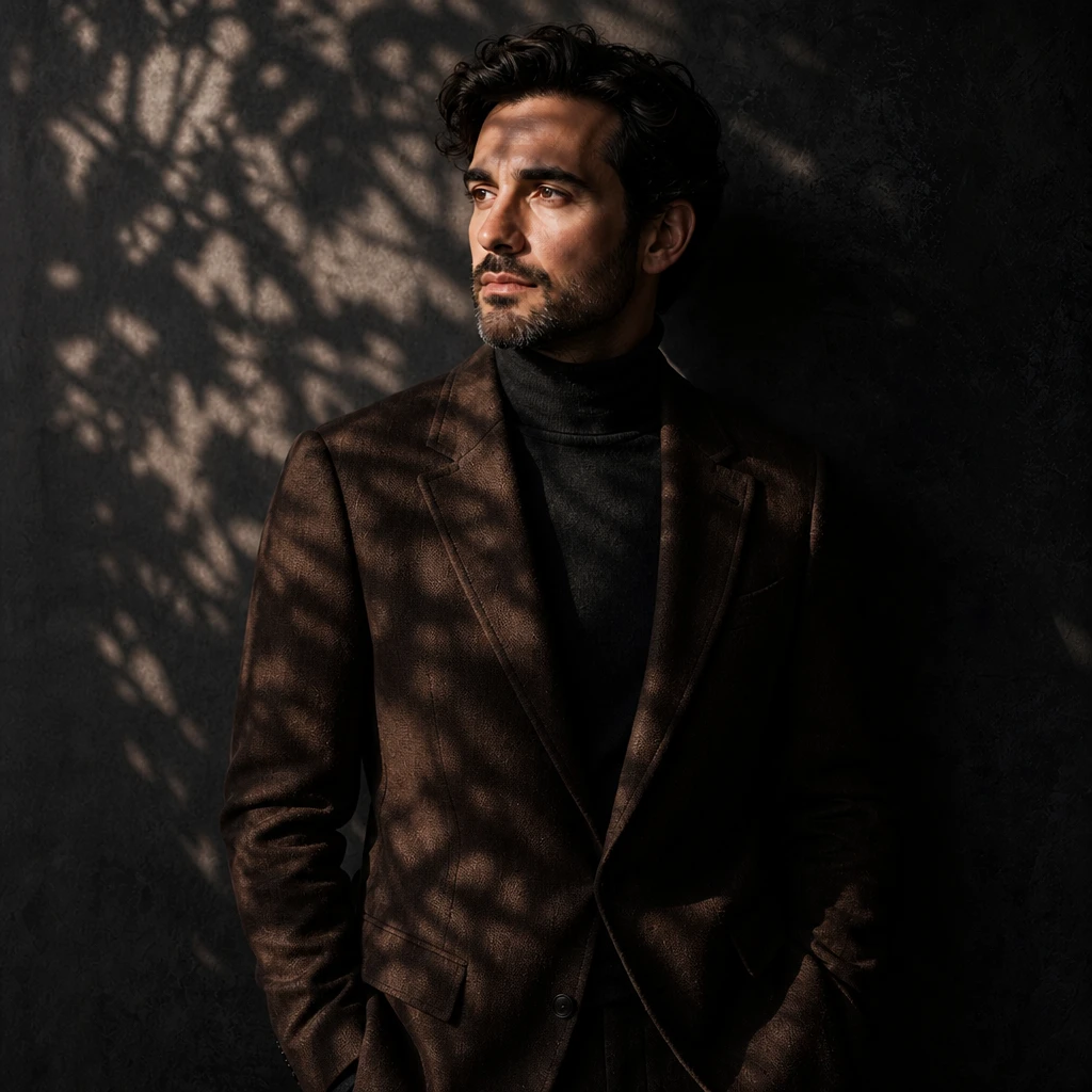 A leaf-pattern gobo gelled warm fakes sun through trees for a natural, story-driven editorial Fashion model — Dappled Foliage variation of Projector Gobo Fashion.