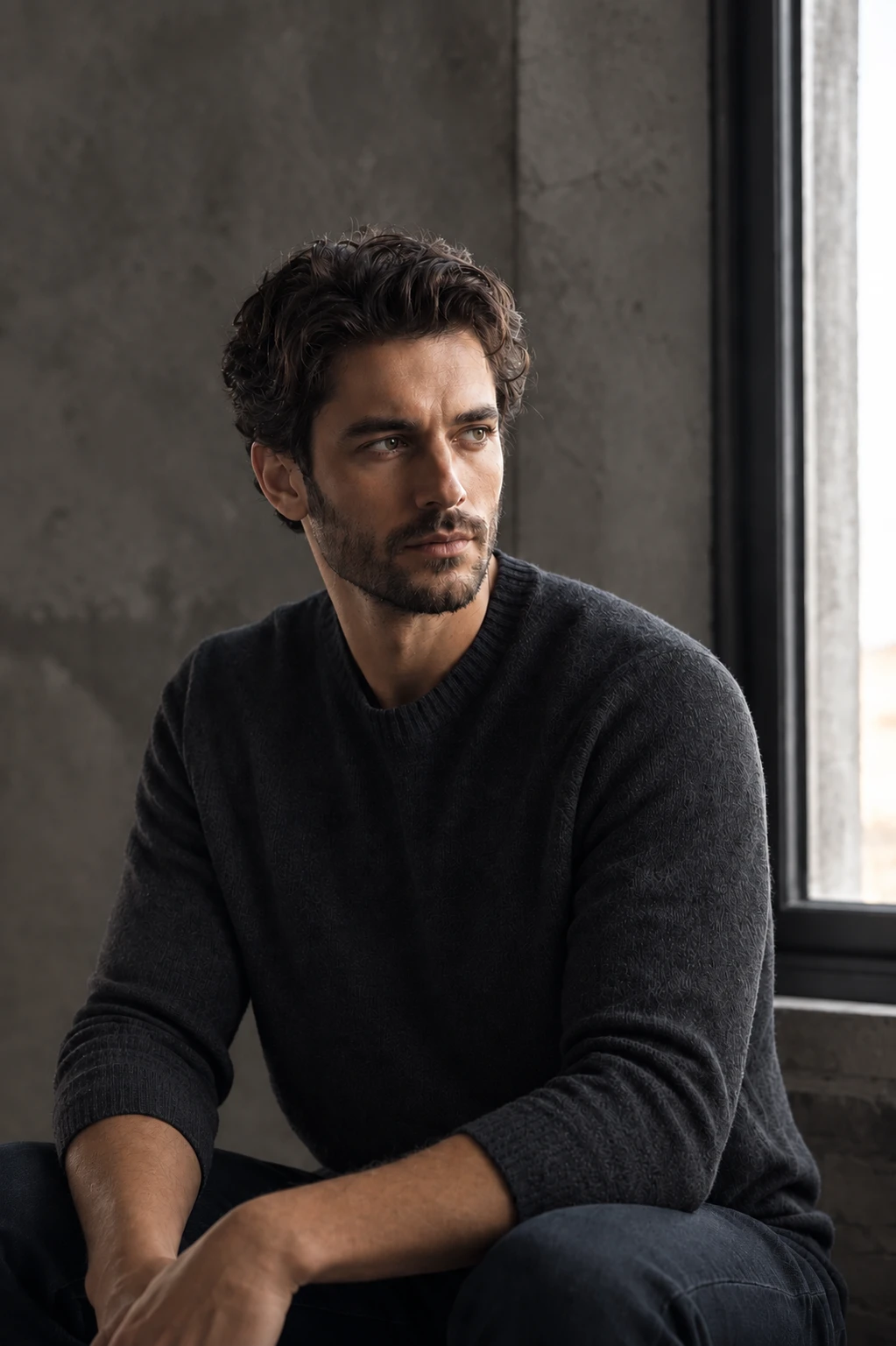 Bearded man in a dark knit sweater by a bright window at frame-right, looking toward the glass, the near side of his face in gentle half-light against a concrete wall.