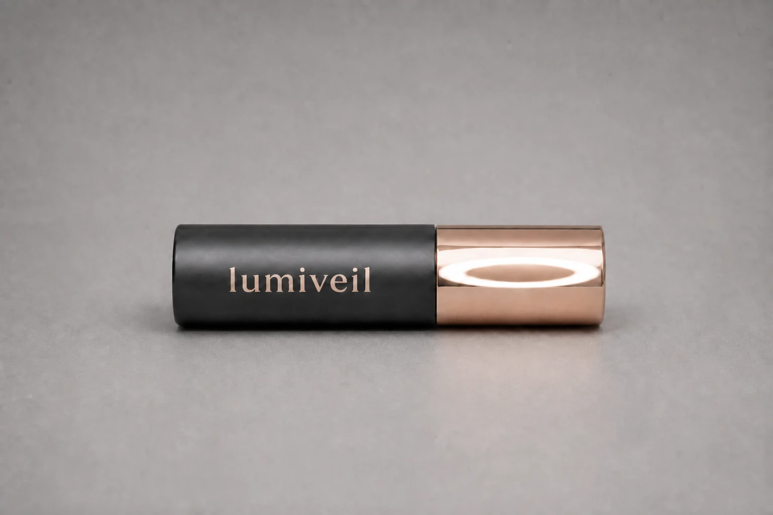 Pull the off-frame black card — the dark edge reflection softens and the tube reads flatter under the same on-axis ring Lipstick tube — No Black Card variation of Ring Flash Cosmetic Macro.