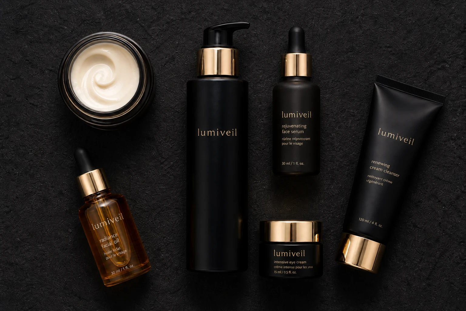 Skincare products — Harder Halo variation of Ring Flash Flat Lay Product.