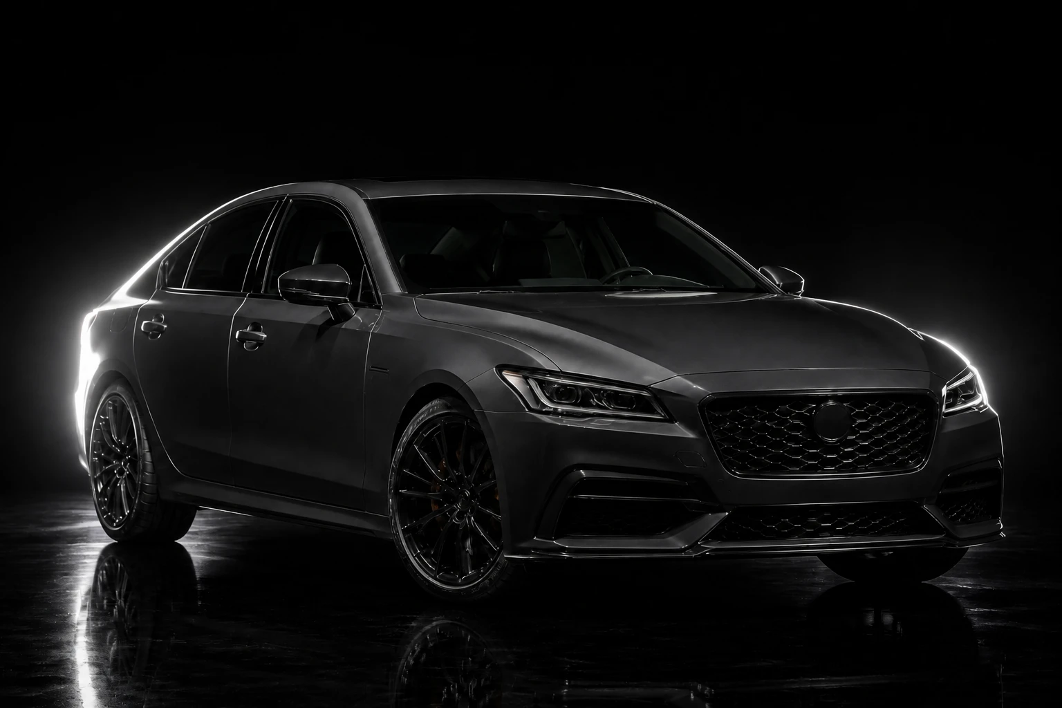 Both strips at full power for maximum edge separation on a black background Car exterior — Dual Strip Bright variation of Showroom Stripbox Automotive Hero.