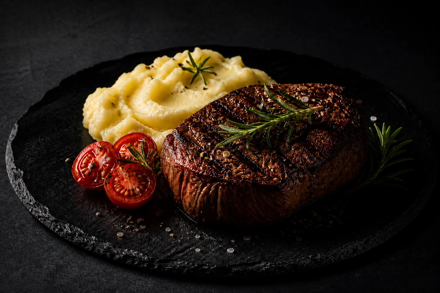 Move the black flag closer for deeper shadow and more graphic contrast on the plate edge Plated dish — Flag Closer Shadow variation of Side Flagged Food Texture Hero.