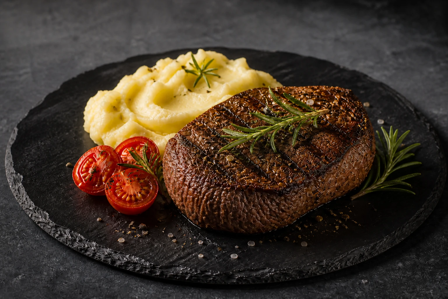 Plated dish — Softer Key Diffusion variation of Side Flagged Food Texture Hero.